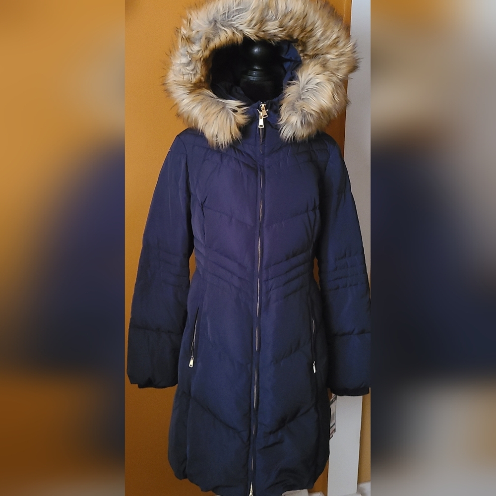 Jones New York Navy Puffer Jacket with Faux Fur Trim
